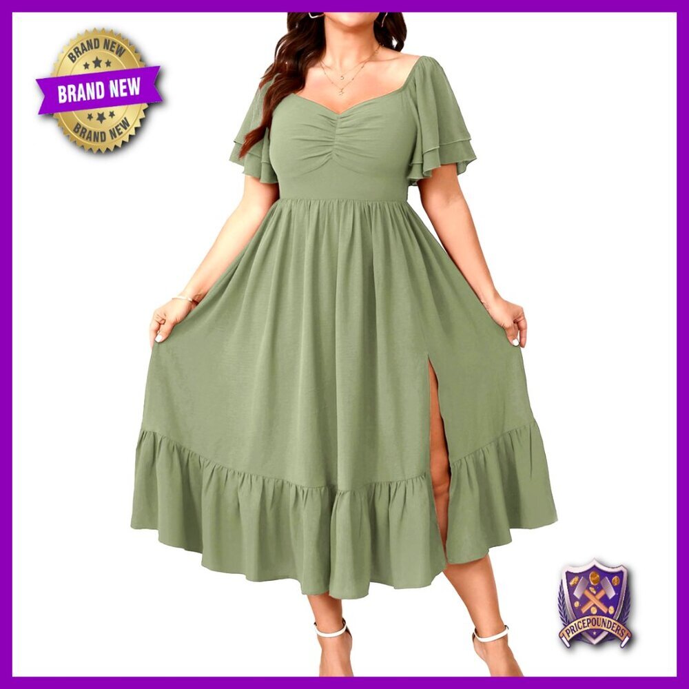 Plus Size Maxi Dress Sweetheart Neckline Short Sleeve Smocked Back Ruffle Slit